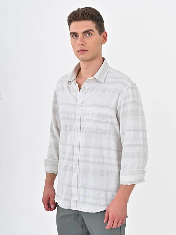 Indian Terrain Men's Regular Fit Full Sleeve Striped Off White Shirt